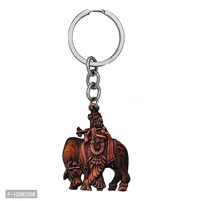 Lord Krishna with Cow Idol Copper Religious Keychain for Men and Women-thumb0