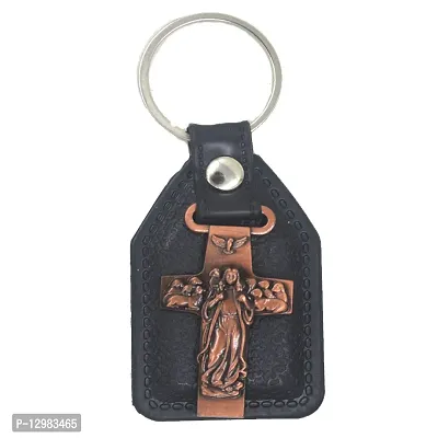 Lord Jesus Copper Holy Cross Black Leather Religious Key Chain for Men and Women