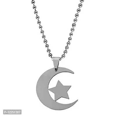 Islamic Lucky Symbol Star with Crescent Moon Silver Stainless Steel Pendant for Men and Women-thumb0