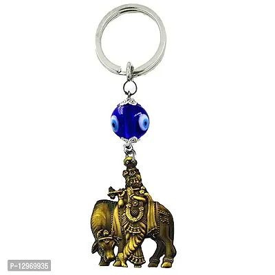 Lord Krishna with Cow Idol Evil Eye Religious Bronze Keychain for Men and Women