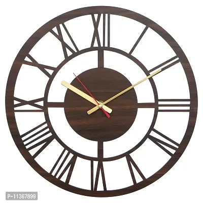 Simran Handicrafts Round Roman Wood Carving MDF Design Wall Clock, Brown