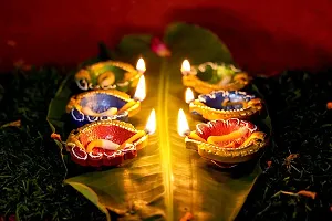 Ingo creation Diya for Diwali Decoration Handmade Earthen Clay Terracotta Decorative Diya Tealight Candle Festival Diya (Set of 12) (Combo of Leaf & Flower(6 Each))-thumb1