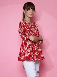 Women Printed Red Crepe V-Neck Puff Sleeves Peplum Top-thumb3