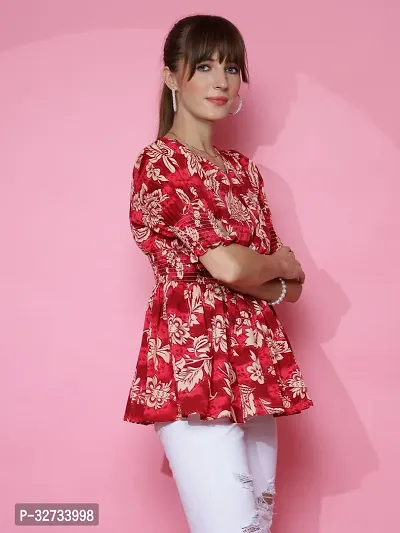 Women Printed Red Crepe V-Neck Puff Sleeves Peplum Top-thumb4