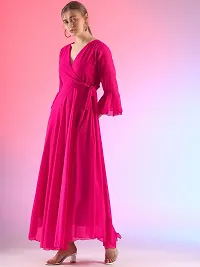 Elegant Solid V-Neck Flare Sleeve Fit and Flare Pink Maxi Dress For Women-thumb2