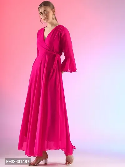 Elegant Solid V-Neck Flare Sleeve Fit and Flare Pink Maxi Dress For Women-thumb3