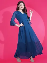 Elegant Solid V-Neck Flare Sleeve Fit and Flare Blue Maxi Dress For Women-thumb4