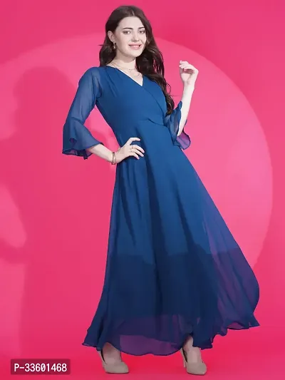 Elegant Solid V-Neck Flare Sleeve Fit and Flare Blue Maxi Dress For Women-thumb5