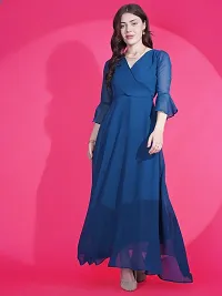 Elegant Solid V-Neck Flare Sleeve Fit and Flare Blue Maxi Dress For Women-thumb3