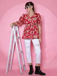 Women Printed Red Crepe V-Neck Puff Sleeves Peplum Top-thumb4