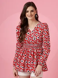 Women Floral Print Red Crepe V-Neck Puff Sleeves Peplum Top-thumb2