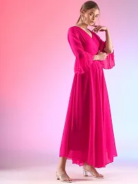 Elegant Solid V-Neck Flare Sleeve Fit and Flare Pink Maxi Dress For Women-thumb3