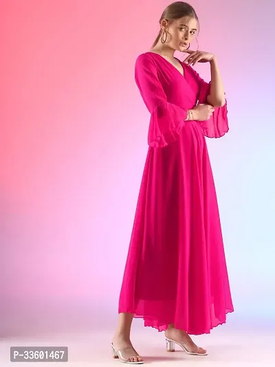 Elegant Solid V-Neck Flare Sleeve Fit and Flare Pink Maxi Dress For Women-thumb4