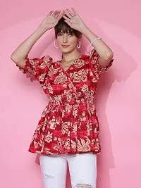 Women Printed Red Crepe V-Neck Puff Sleeves Peplum Top-thumb2