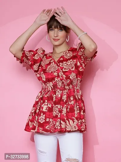 Women Printed Red Crepe V-Neck Puff Sleeves Peplum Top-thumb3