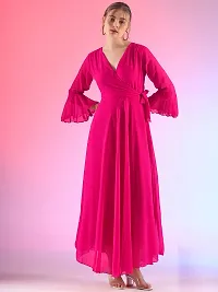 Elegant Solid V-Neck Flare Sleeve Fit and Flare Pink Maxi Dress For Women-thumb1