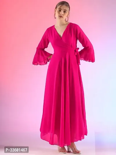 Elegant Solid V-Neck Flare Sleeve Fit and Flare Pink Maxi Dress For Women-thumb2