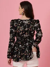 Women Floral Print Black Crepe V-Neck Puff Sleeves Peplum Top-thumb4