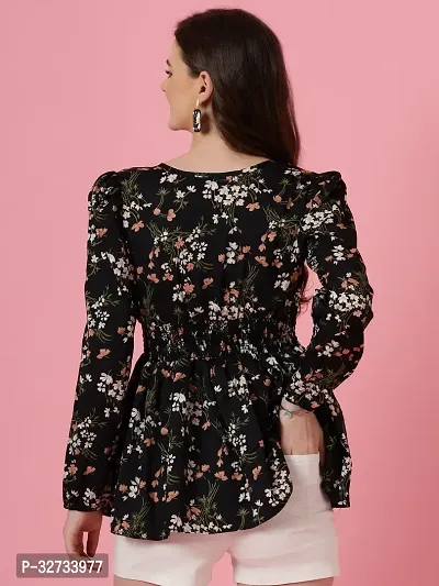 Women Floral Print Black Crepe V-Neck Puff Sleeves Peplum Top-thumb5