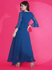 Elegant Solid V-Neck Flare Sleeve Fit and Flare Blue Maxi Dress For Women-thumb1