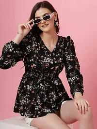 Women Floral Print Black Crepe V-Neck Puff Sleeves Peplum Top-thumb3