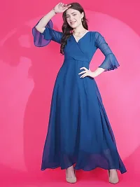 Elegant Solid V-Neck Flare Sleeve Fit and Flare Blue Maxi Dress For Women-thumb2