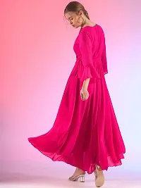 Elegant Solid V-Neck Flare Sleeve Fit and Flare Pink Maxi Dress For Women-thumb4