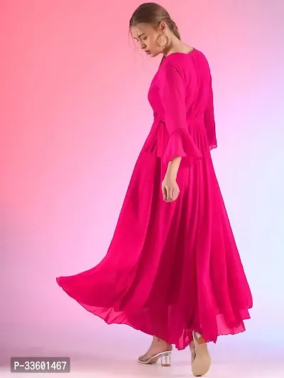 Elegant Solid V-Neck Flare Sleeve Fit and Flare Pink Maxi Dress For Women-thumb5