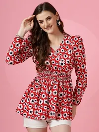 Women Floral Print Red Crepe V-Neck Puff Sleeves Peplum Top-thumb3