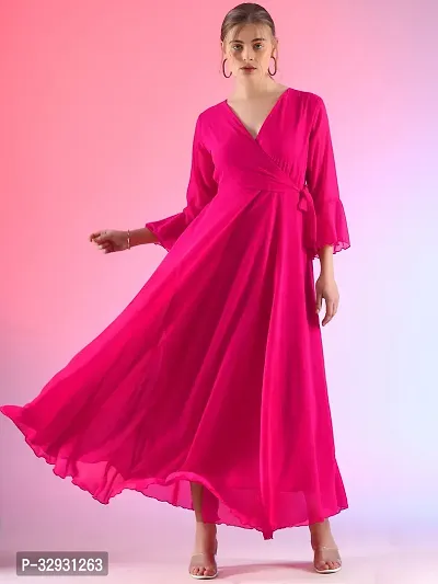 Stylish Pink Georgette Solid Flared Dress For Women-thumb0