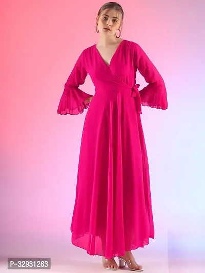 Stylish Pink Georgette Solid Flared Dress For Women-thumb2