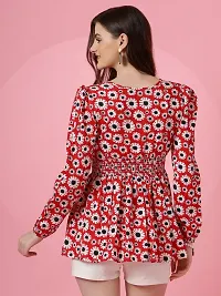 Women Floral Print Red Crepe V-Neck Puff Sleeves Peplum Top-thumb1