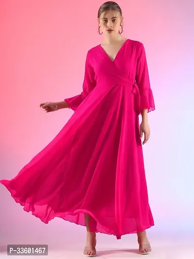 Elegant Solid V-Neck Flare Sleeve Fit and Flare Pink Maxi Dress For Women-thumb0