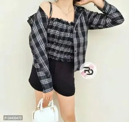 Elegant Black Cotton Checked Shirt For Women-thumb0