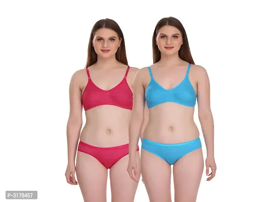 Multicoloured Cotton Spandex Bra  Panty Set Pack Of 2