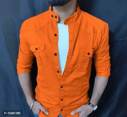 Orange Cotton Solid Casual Shirts For Men