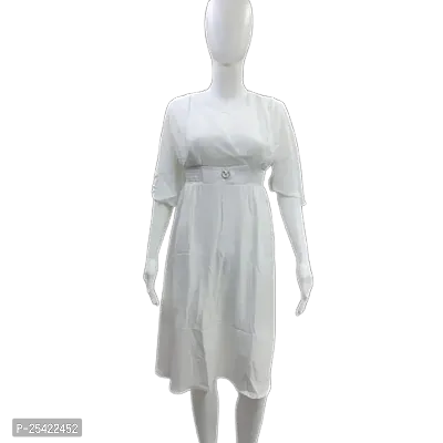 Stylish White Cotton Knit Solid Fit And Flare Dress For Women-thumb0