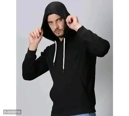 Elegant Black Fleece Solid Long Sleeves Hoodies For Men