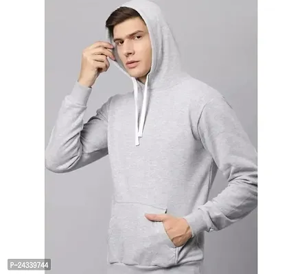 Elegant Grey Fleece Solid Long Sleeves Hoodies For Men