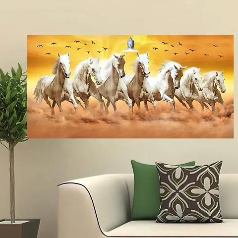 British Terminal Lucky Seven Horses Running at Sunrise ll 7 Horse vastu Canvas Print Poster