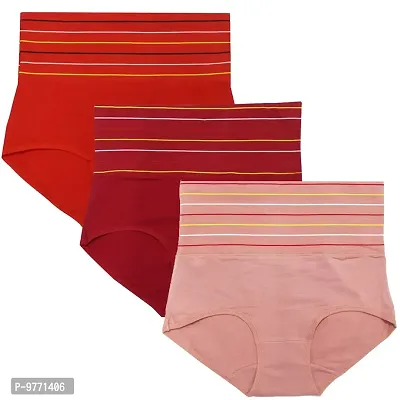 Fshway Women's Cotton Spandex High Waist Tummy Control Panty Brief Full Coverage Shapewear Underwear Pack of 3 - Free Size: 30 to 36 (Red-Maroon-Peach)