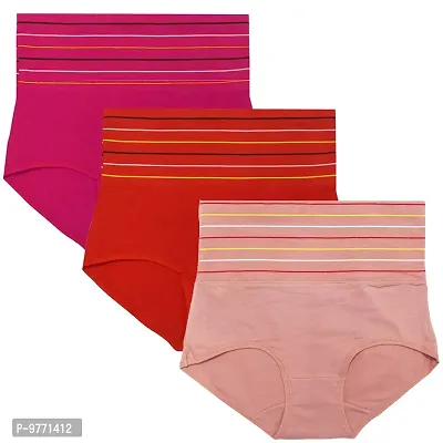 Fshway Women's Cotton Spandex High Waist Tummy Control Panty Brief Full Coverage Shapewear Underwear Pack of 3 - Free Size: 30 to 36 (Pink-Red-Peach)