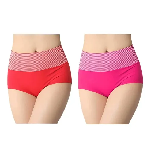 Fshway Women's high-Waist Underwear Breathable and Comfortable Striped Belly Women's Underwear(Free Size-Suitable for Waist 65,70,75,80,85 cm) Skin/Red