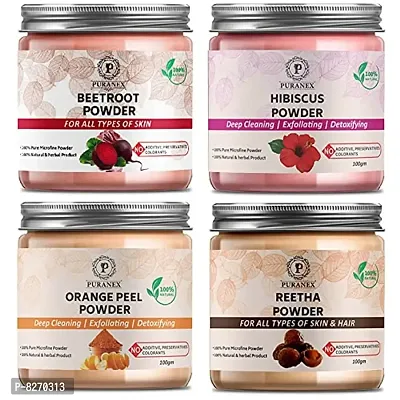 Puranex Pure  Natural Beetroot Powder  Hibiscus Powder  Orange Peel Powder  Reetha Powder-100gm (Combo Pack OF 4) 400gm