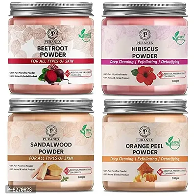 Puranex Pure  Natural Beetroot Powder  Hibiscus Powder  Sandalwood Powder  Orange Peel Powder-100gm (Combo Pack OF 4) 400gm