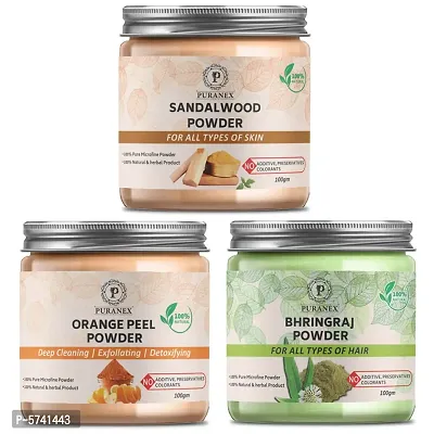 Natural Sandalwood Powder And Orange Peel Powder And Bhringraj Powder (Pack of 3, 100 Grams Each)