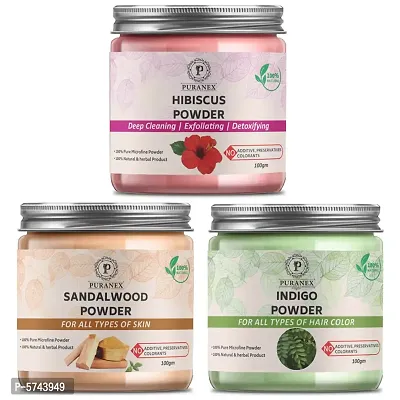 Puranex Pure  Natural Hibiscus Powder  Sandalwood Powder  Indigo Powder - 100gm (Combo Pack of 3) 300gm