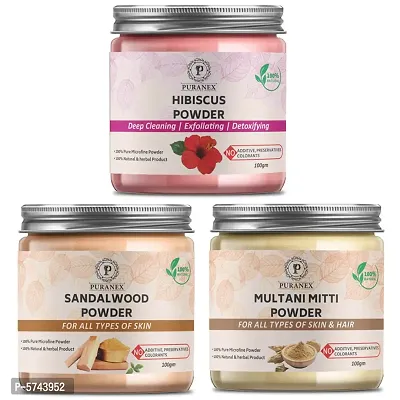 Puranex Pure  Natural Hibiscus Powder  Sandalwood Powder  Multani Mitti Powder - 100gm (Combo Pack of 3) 300gm