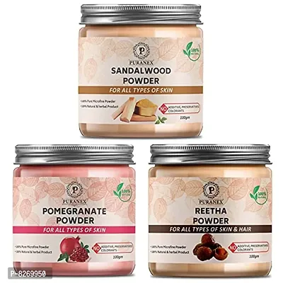 Puranex Natural  Pure Sandalwood Powder  Pomegranate Powder  Reetha Powder 100gm (Combo Pack of 3) 300Gm