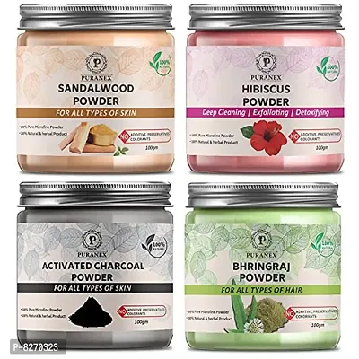 Puranex Pure  Natural Sandalwood Powder  Hibiscus Powder  Ac.Charcoal Powder  Bhringraj Powder 100Gm (Combo Pack of 4) 400 Gm